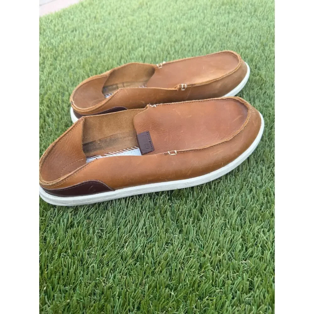 OluKai Kakaha Men’s Leather Slip-On Shoes Brown Loafers US 10 Nalukai